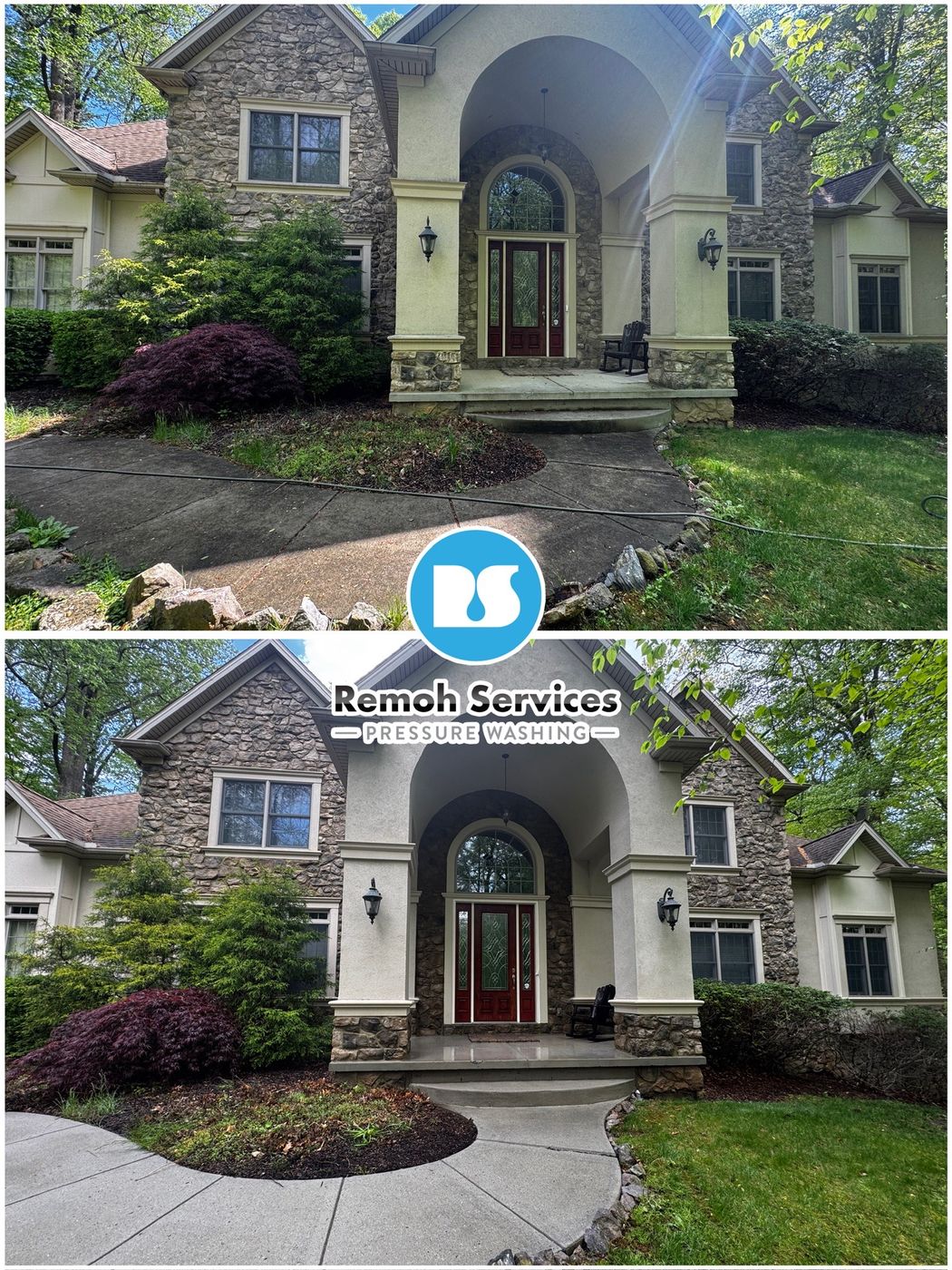 Before and after: house wash, stone and stucco home