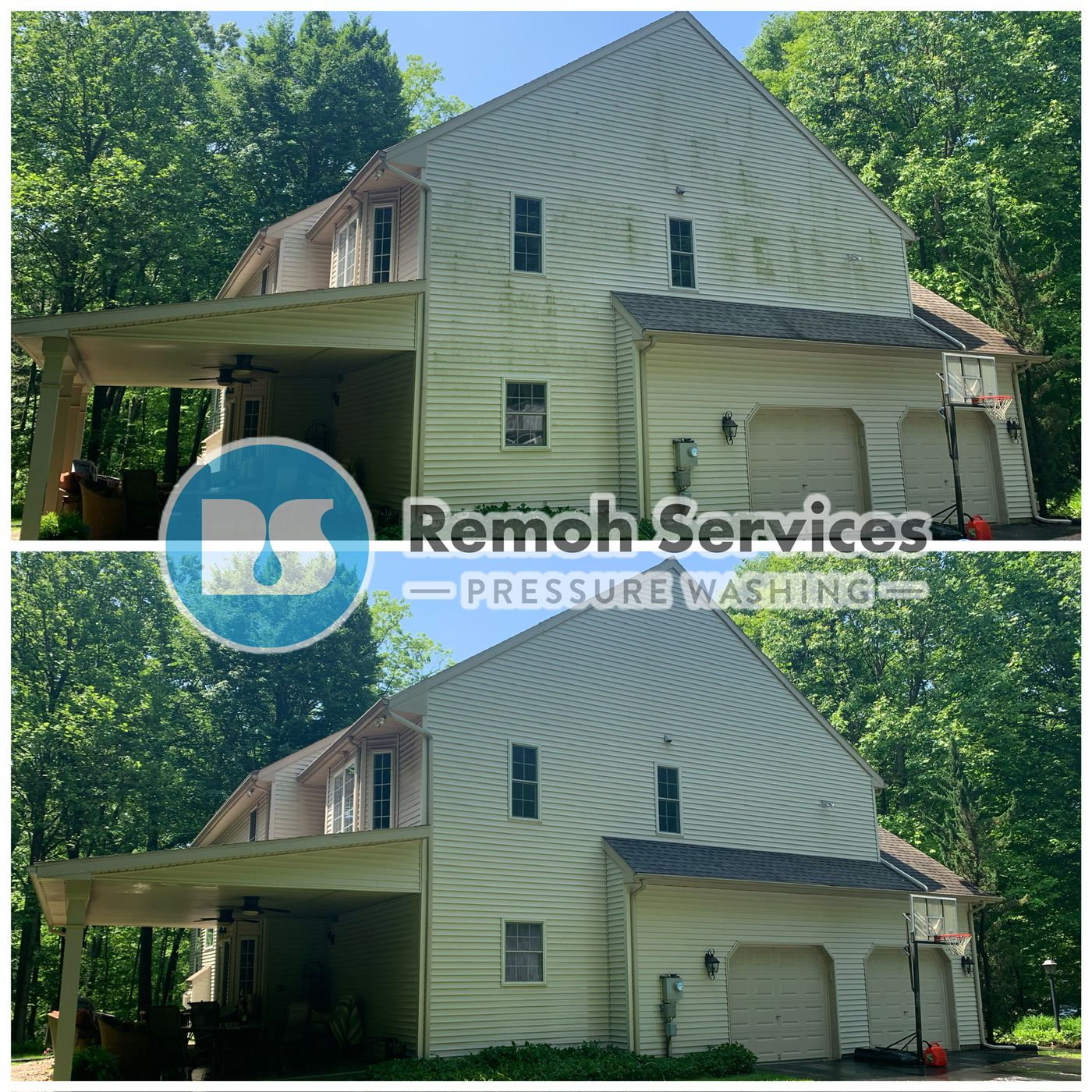 Before and after: house wash, home with carport