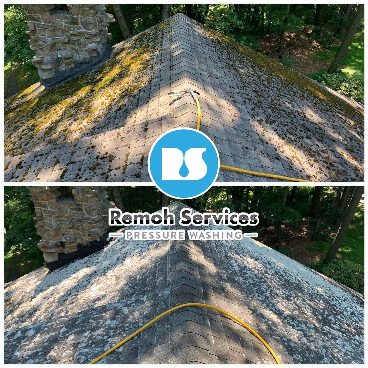 Before and after: soft wash roof cleaning, moss removal