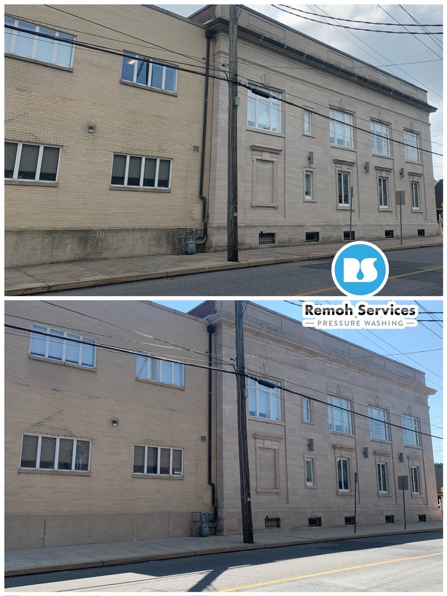 Before and after: commercial wash, brick commercial building