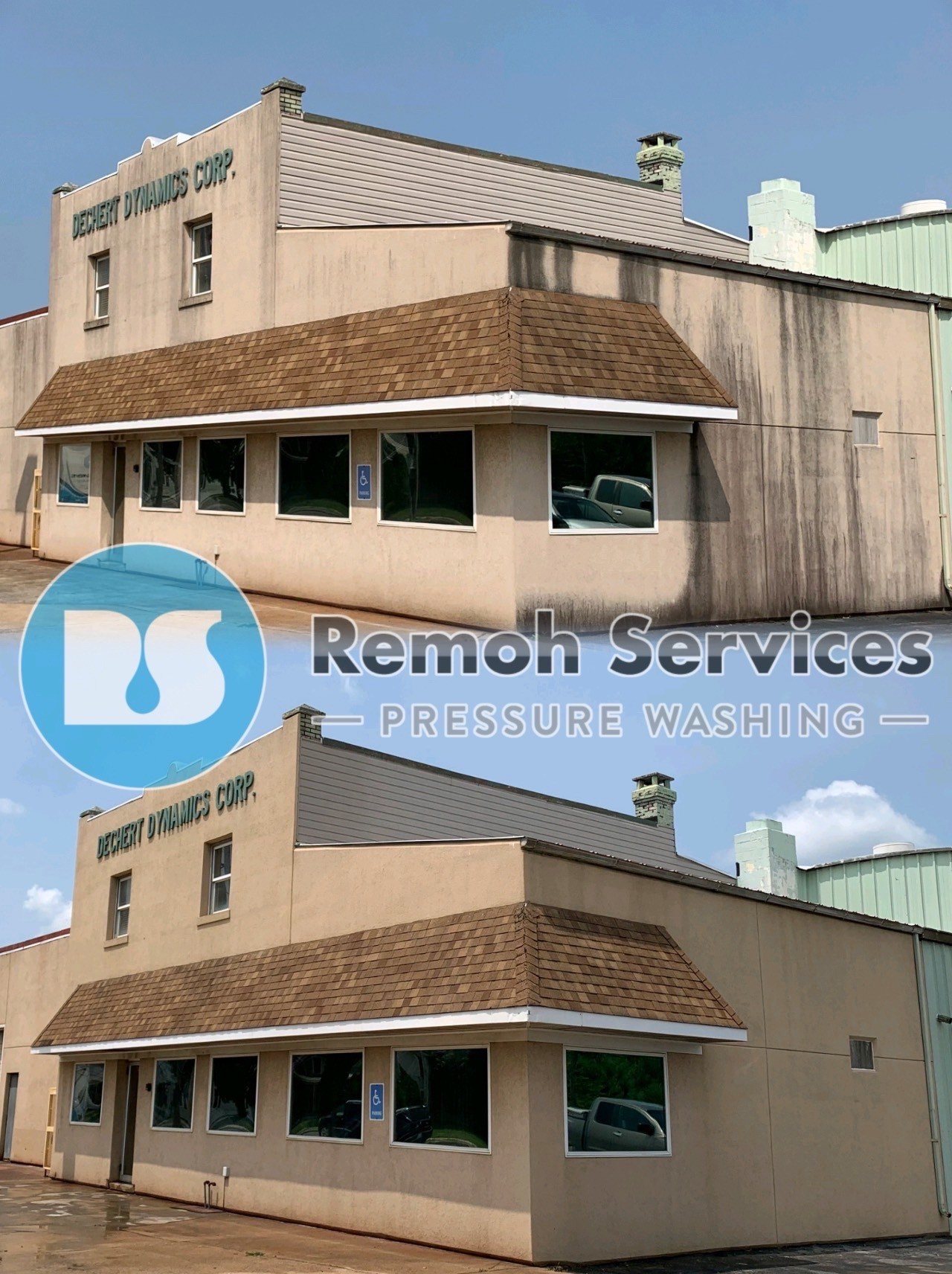 Before and after: commercial wash, stucco shop building