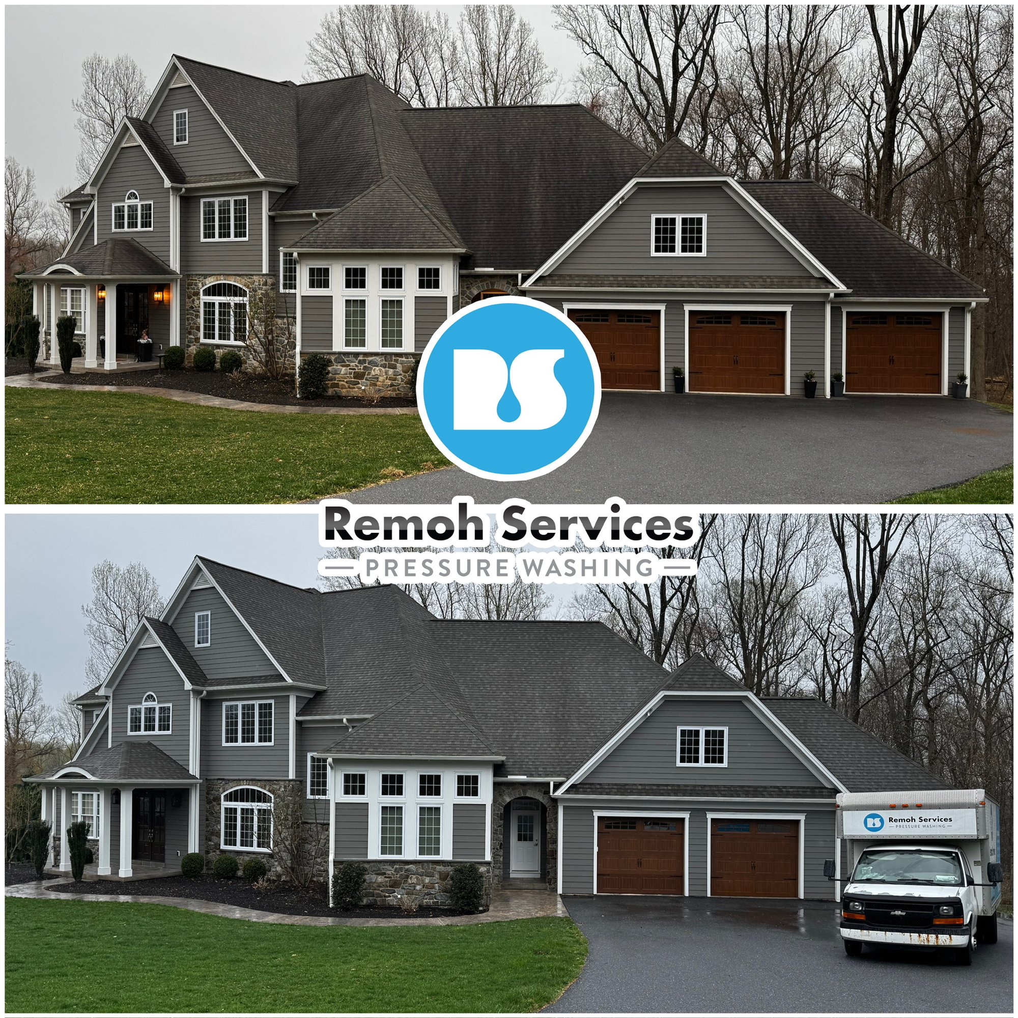 Before and after: soft wash roof cleaning, two-story home