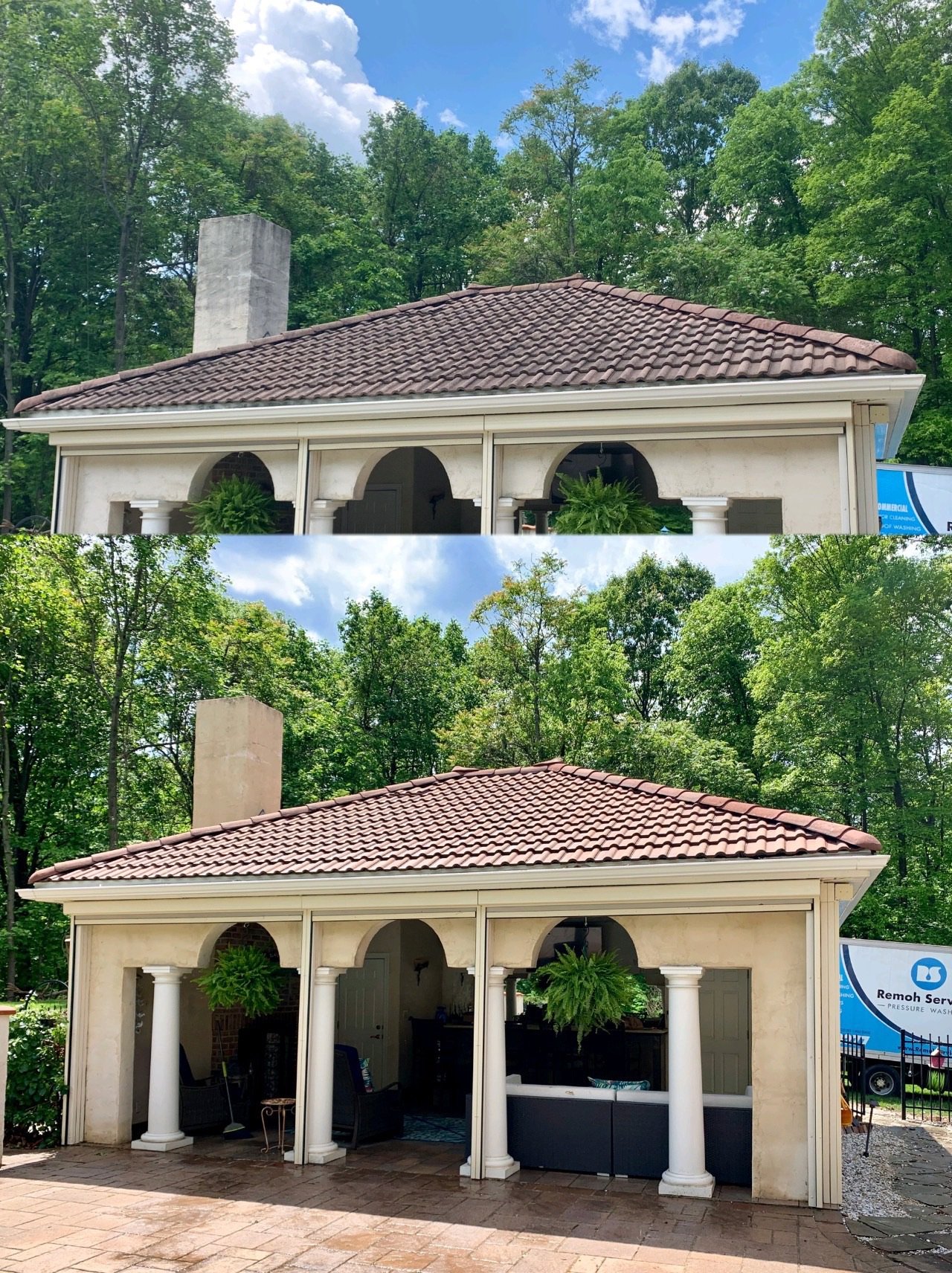 Before and after: soft wash roof cleaning, clay tile pool house