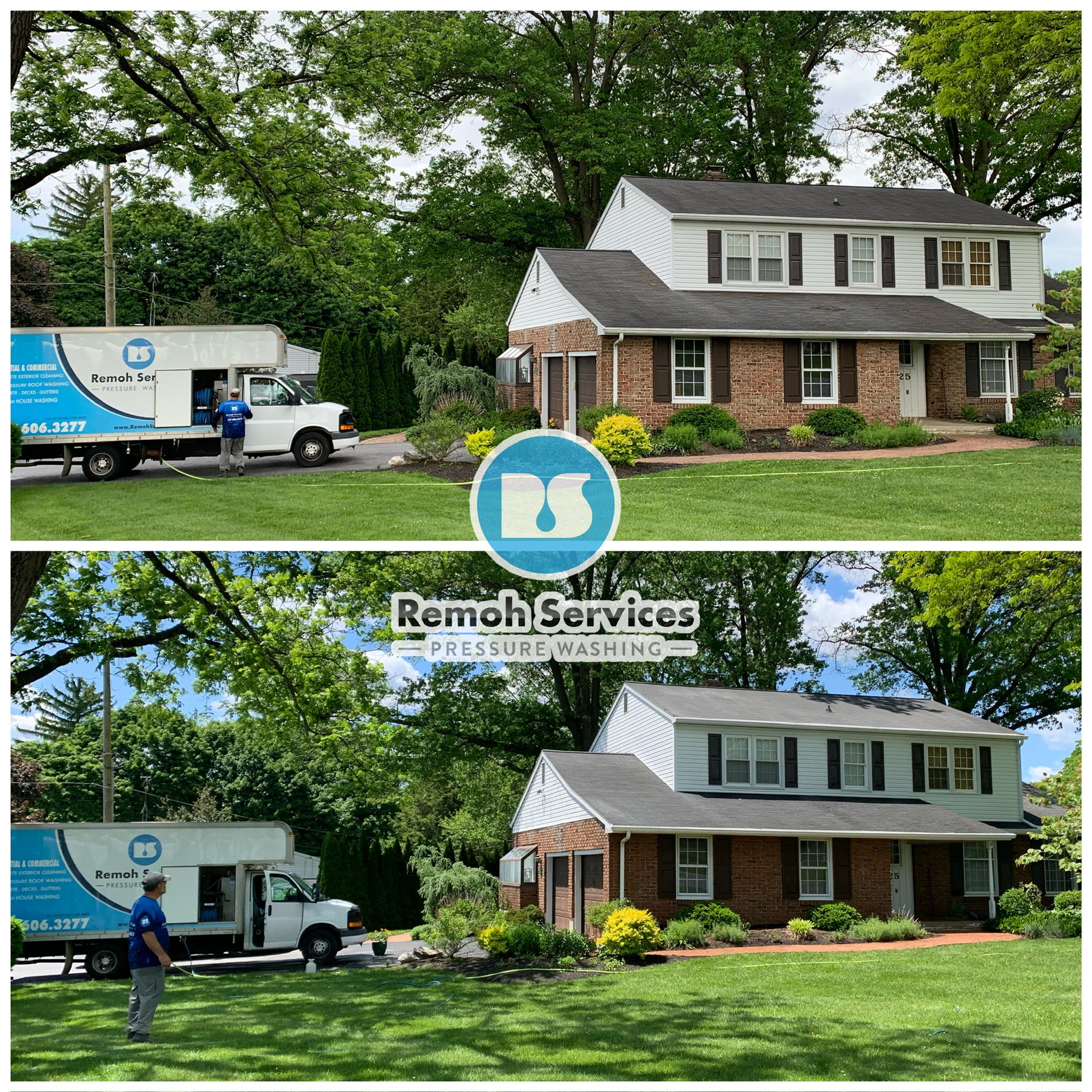 Before and after: soft wash roof cleaning, brick colonial