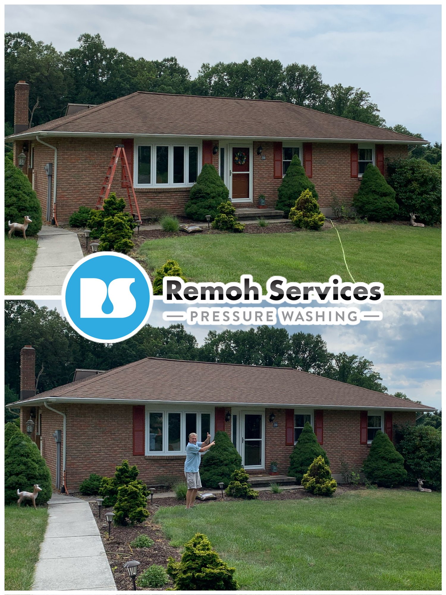 Before and after: soft wash roof cleaning, brick ranch