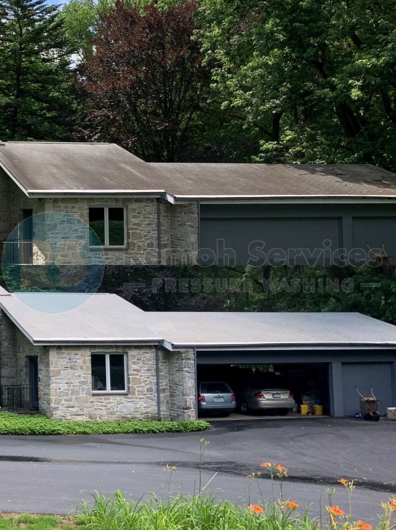 Before and after: soft wash roof cleaning, stone home