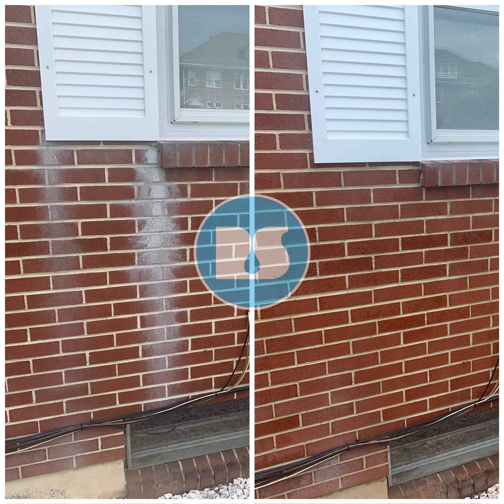 Before and after: paint runoff and stain removal, brick wall