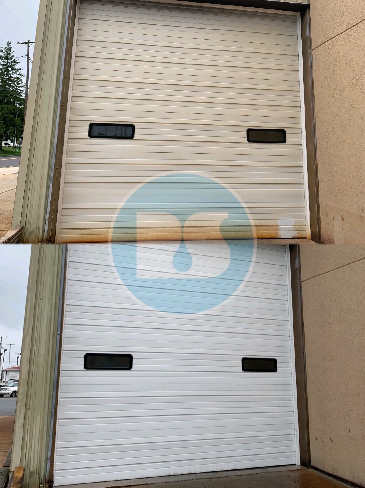 Before and after: rust stain removal, overhead door