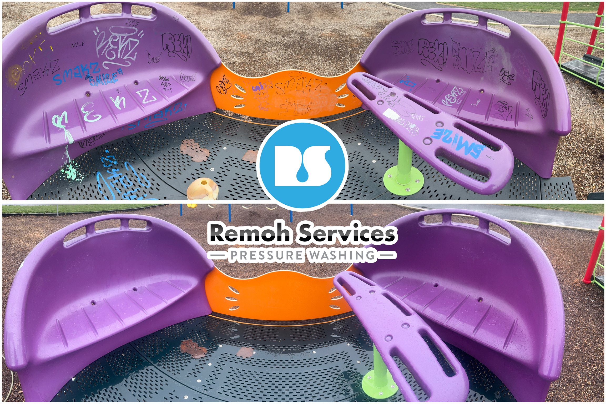 Before and after: graffiti removal, playground equipment